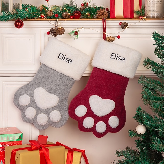  Meia de Natal personalizada com pata de gato, meia longa de Natal com nome personalizado, sacola de presente de grande capacidade para festa de Natal, presente perfeito para o Natal &celebrações de