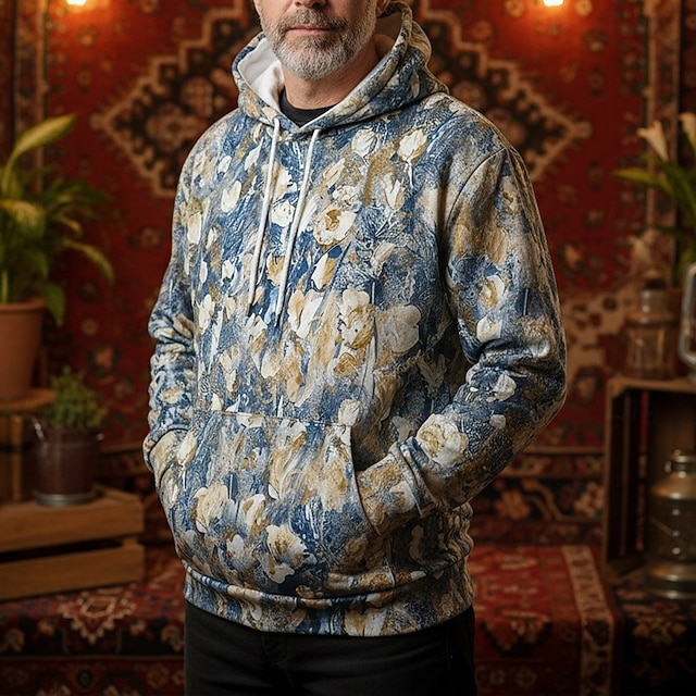  Bărbați Damasc Boho Paisley Flori Hanorac cu Glugă Modă Zilnic Capișon Vacanță Petrecere Haine de strada Albastru piscină Albastru Închis Imprimare Toamnă Iarnă Designer