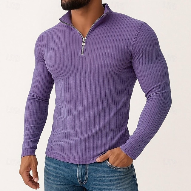  Per uomo Maglietta Maglietta con Zip a Quarti Maglietta a Maglia a Coste Manica Lunga Zip a un quarto Primavera Autunno Inverno Semplice Striscia di Fossa Moda Designer Essenziale Lavoro a maglia