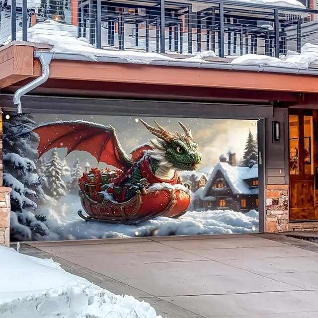 Christmas Tapestry Garage Door Cover Large Hanging Backdrop Dragon Cute 3D Fantasy Party Outdoor Holiday Shooting Backgrounds Yard Home Decor4