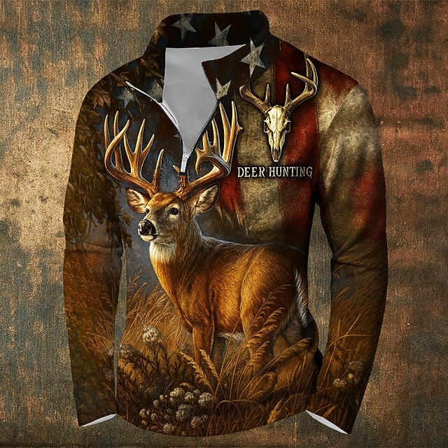 Men's Deer Sweatshirt Hunting Zip Outdoor Sports Outdoor Brown Fall All Seasons Designer4