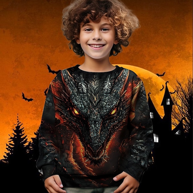  Halloween Pojkar 3D Drake Tröja Långärmad Vår Höst Mode Grundläggande Barn 4-12 år Rund hals Utomhus Ledigt Dagligen Normal