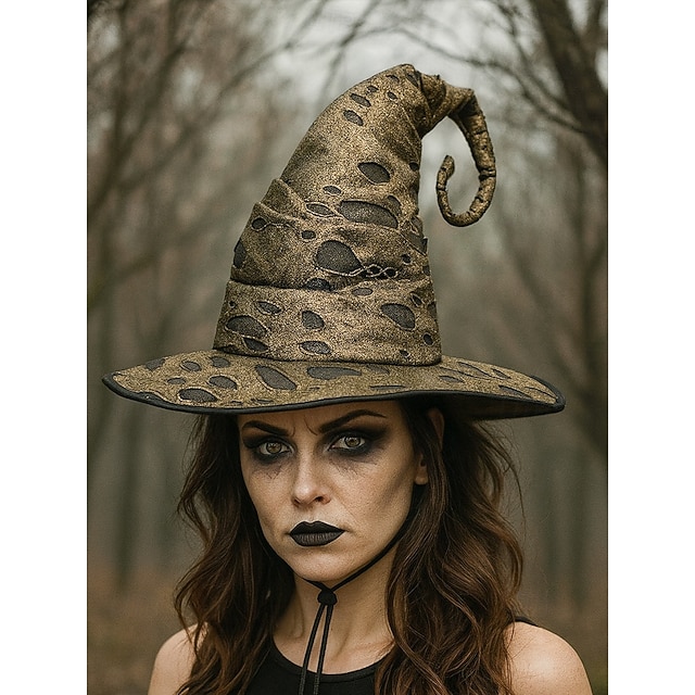  Dámský halloweenský čarodějnický klobouk – vintage špičatá čarodějnická čepice s potrhaným vzorem pro kostýmní večírky, cosplay a tematické akce