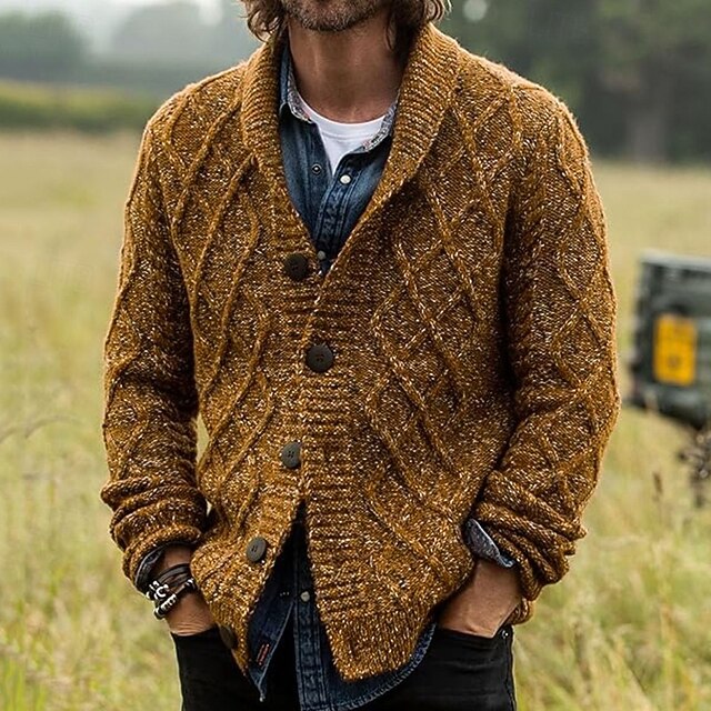 Men's Sweater Cardigan Sweater Cable Knit Short Knitted Plain Shawl Collar Vacation Fashion Casual Daily Wear Clothing Apparel Fall Spring &  Fall Brown M L XL4