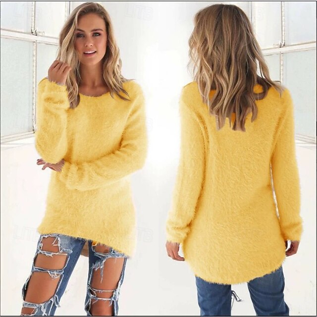 Women's Pullover Sweatshirt Fuzzy Cozy Ribbed Knitted Plain Active Fashion Streetwear Long Sleeve Crew Neck Regular Tops Street Dailywear Casual Patchwork Yellow Spring Fall Winter4