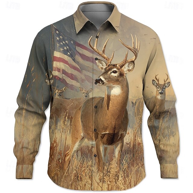 Men's Reindeer American US Flag Wildlife Shirt Button Up Shirt Long Sleeve Ethnic Vintage Retro Outdoor Camping & Hiking Hunting Spring Fall Turndown 3D Print Linen Like Shirt Khaki4