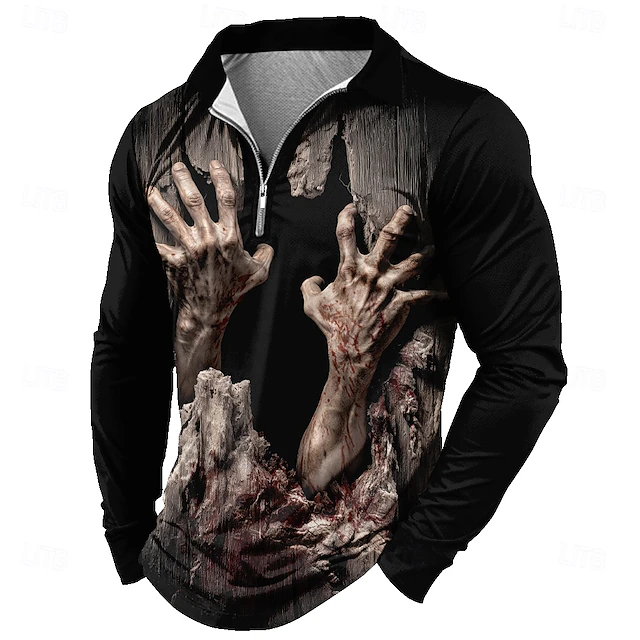 Day of the Dead Men's Hand Polo Long Sleeve Polo Shirts Lapel Casual Horror Dark Daily Wear 3D Print Quarter Zip Polo Spring Fall Winter Black4