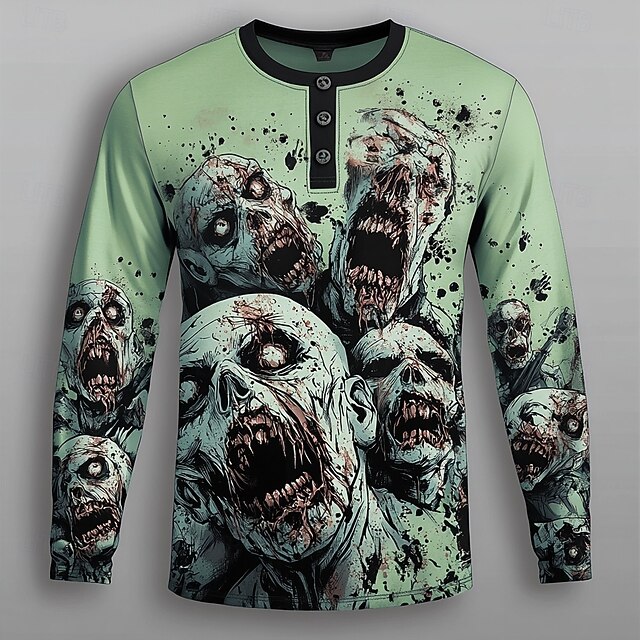 Men's Halloween Graphic Zombies Henley Shirt Long Sleeve Fashion Streetwear Daily Casual Holiday Going out Spring &  Fall All Seasons Green Henley Henley T-Shirt4
