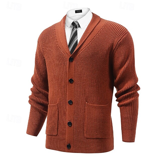 Men's Sweater Cardigan Sweater Ribbed Knit Regular Tops Knitted Plain Shawl Lapel Vacation Fashion Casual Daily Wear Clothing Apparel Spring &  Fall Red Brown M L XL4