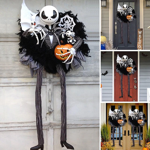 Halloween Horror Wreath Jack Wreath Pumpkin Skellington Door Hanging Holiday Party Horror Skull Decoration Props Halloween Skeleton Decoration 10