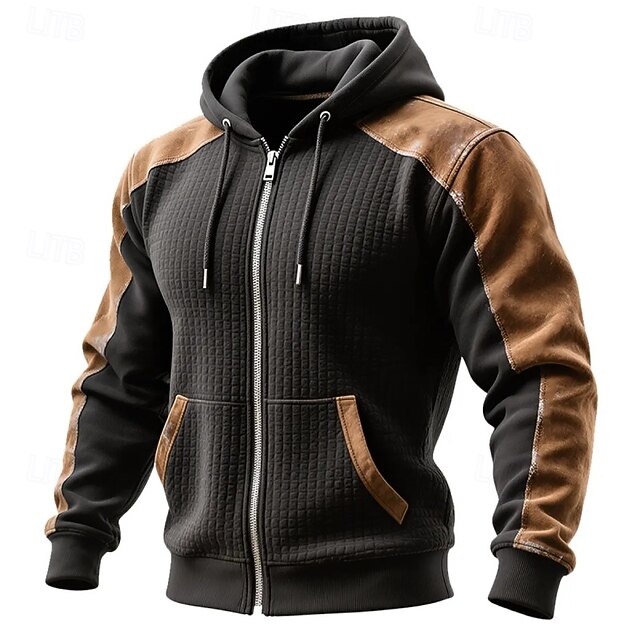 Men's Hoodie Full Zip Hoodie Waffle Hoodies Black Hooded Plain Patchwork Color Block Sports & Outdoor Casual Daily Streetwear Cool Sportswear Winter Spring &  Fall Clothing Apparel Hoodies4