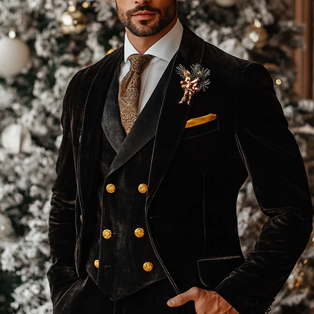 Men's Christmas Casual Party Velvet Suits Shawl Lapel Black Christmas Daily Solid Colored Tailored Fit 3 Piece Single Breasted One-button2