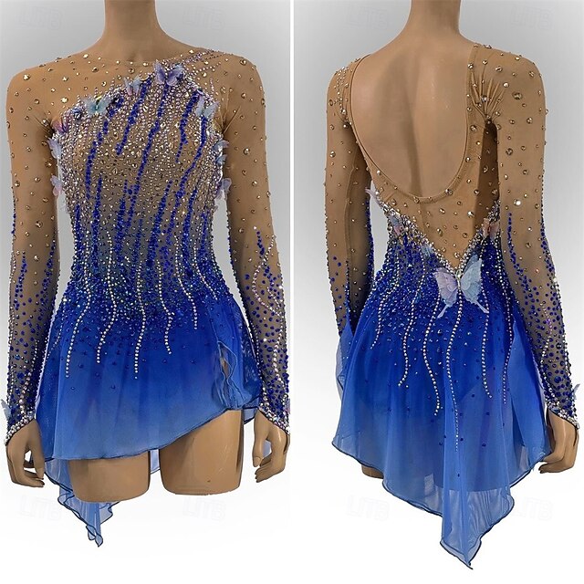 Figure Skating Dress Women's Girls' Ice Skating Dress Blue Black Thumbhole Open Back Mesh High Elasticity Training Competition Skating Wear Classic Crystal / Rhinestone Long Sleeve Ice Skating Figure4
