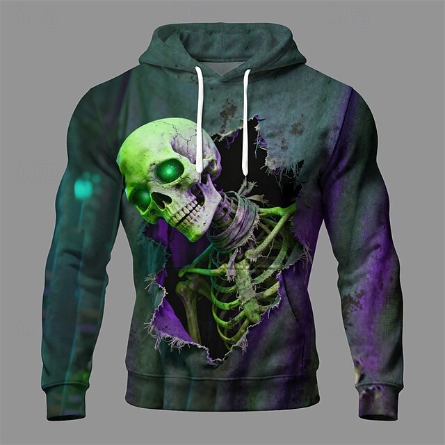 Halloween Men's Skull Hoodie Fashion Daily Hooded Vacation Party Streetwear Green Drawstring Pocket Printing Fall Winter Designer4