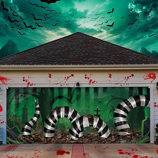 Halloween Garage Door Cover Large Hanging Backdrop Cemetery Snake 3D Dark Punk Gothic Style Party Outdoor Shooting Backgrounds Yard Haunted House Home Decor4