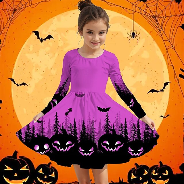 Halloween Girls' 3D Pumpkin Bat Dress Long Sleeve Summer Spring Vacation Daily Holiday Princess Beautiful Sweet Kids 4-12 Years Casual Dress A Line Dress Knee-length Regular Fit4