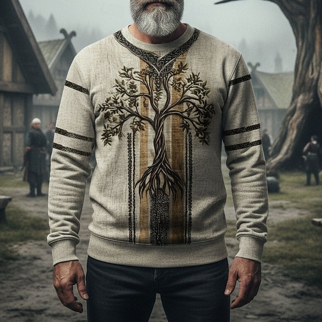 Men's Sweatshirt Green Khaki Crew Neck Tree Of Life Yggdrasil Celtic Knot Print Casual Daily Holiday Vintage Viking Fall Winter Clothing Apparel Hoodies Sweatshirts4