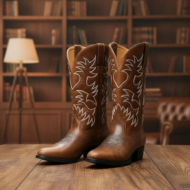 Men's Vintage Brown and Black Faux Leather Western Cowboy Boots with Intricate Embroidery - Durable and Stylish for Rodeo and Everyday Wear 9