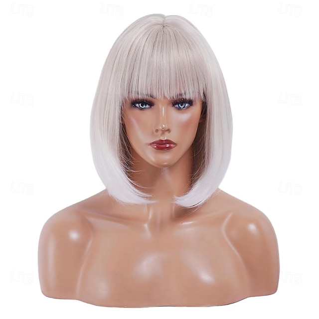  Perruque courte blanche platine avec frange, cheveux synthétiques ombrés à blonds, résistante à la chaleur, 12 pouces, pour femmes