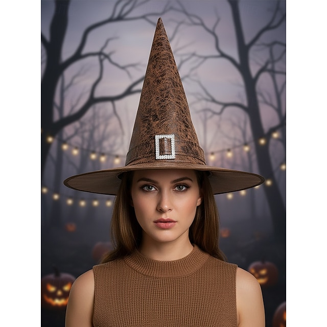  Zwarte bruine Halloween heksenhoed voor dames - vintage puntige tovenaarshoed met gesp, klassieke kostuumaccessoire voor cosplay en feestoutfits