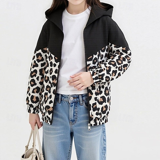  Barn Flickor Vandringsjacka Friluftsjacka Kappa Leopard Mode Dragkedja Ficka Vindtät Utomhus Täcka Ytterkläder 4 år + Vår Vit+Svart