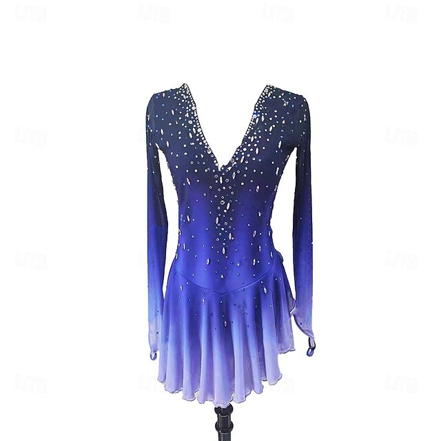 Figure Skating Dress Women's Girls' Ice Skating Dress Blue+Light Blue Patchwork Thumbhole Spandex High Elasticity Training Professional Competition Skating Wear Classic Crystal / Rhinestone Long4