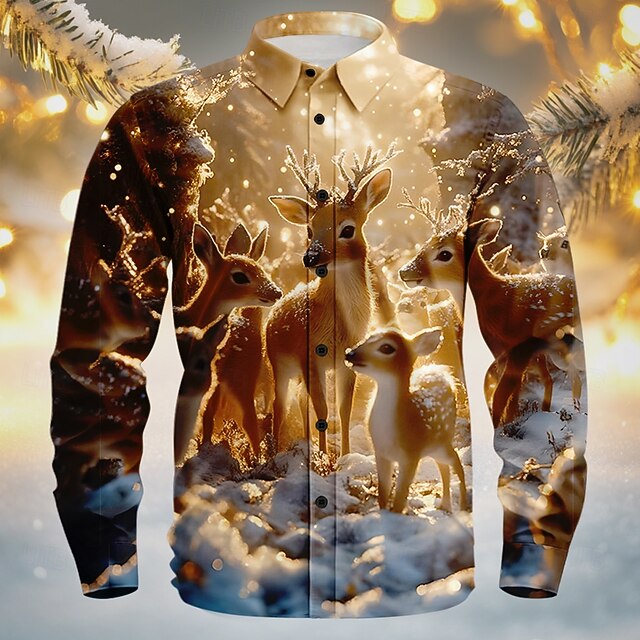 Christmas Men's Reindeer Christmas Scene Shirt Button Up Shirt Long Sleeve Vintage Retro Outdoor Holiday Hunting Spring Fall Turndown 3D Print Linen Like Shirt Gold4