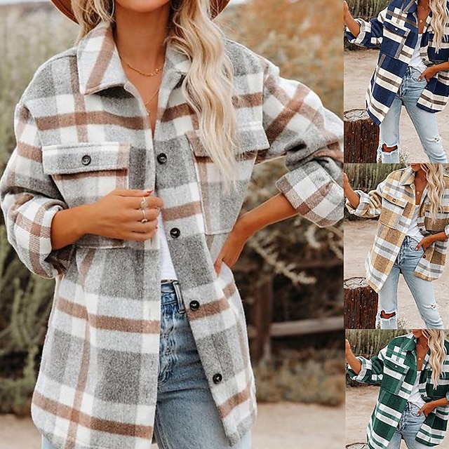 نسائي جاكيت شتوي جاكيت كاجوال مريح متنفس جيب Buttons طباعة كاجوال منقوش عطلة شارع فضفاض مناسب للبس اليومي صدر فردي عادية طوي عادي كم طويل ملابس خارجية أسود أزرق البحرية أخضر الربيع الخريف