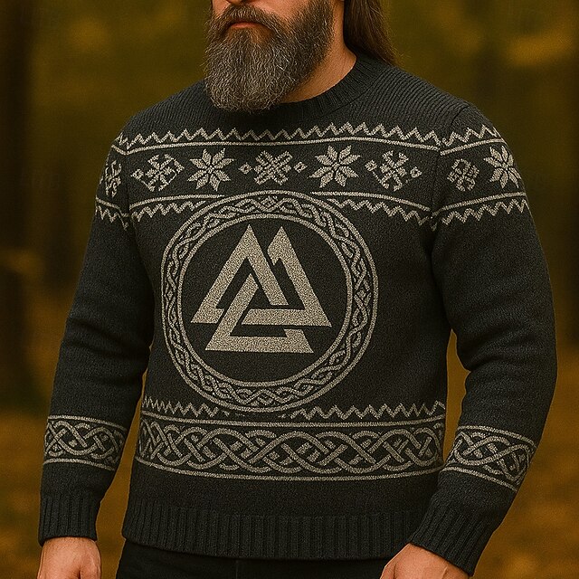 Christmas Men's Geometric Viking Pullover Sweater Jumper Knitwear Crewneck Retro Vintage Casual Vacation Daily 3D Print Keep Warm Long Sleeve Spring Fall Winter Black4