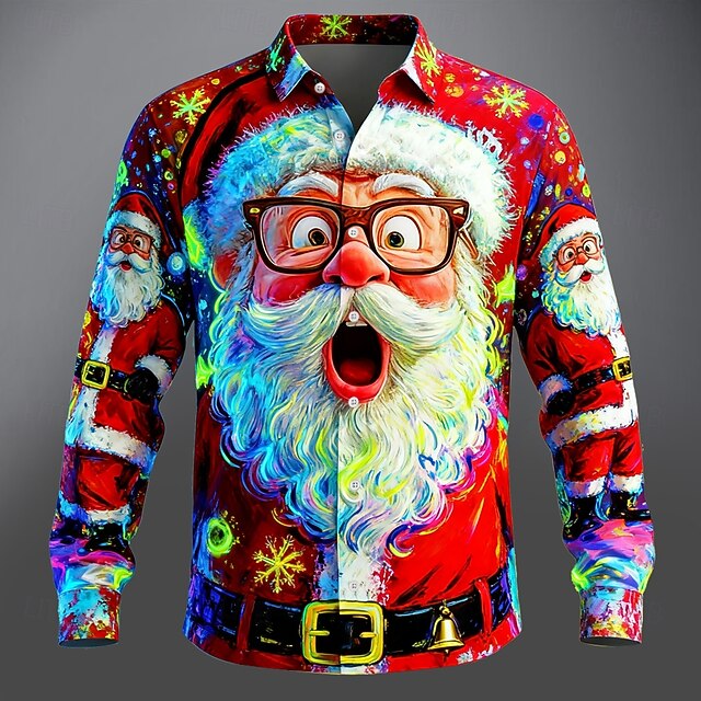 Christmas Men's Santa Claus Human face Neon Glow Shirt Button Up Shirt Long Sleeve Funny Outdoor Holiday Spring Fall Turndown 3D Print Collared Shirts Red4