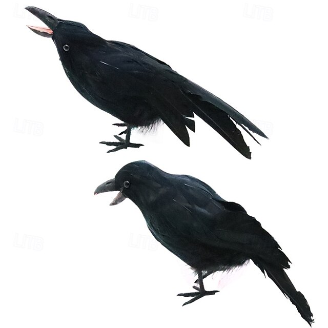 2 Pack Halloween Black Feathered Crows, Black Crows with Real Feather Halloween Decoration for Indoor Outdoor(26*6*12cm)4