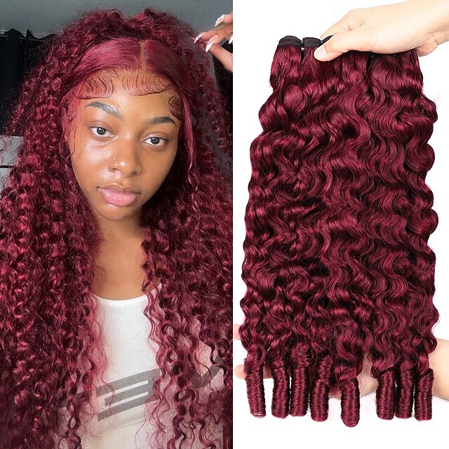 Burgundy 99J# Burmese Curly Bundles Human Hair 16 18 20 Inches with ...