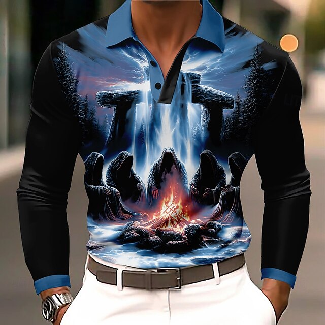 Men's Jesus Polo Long Sleeve Polo Shirts Lapel Vintage Casual Athleisure Daily Wear 3D Print Buttons Spring Fall Winter Blue4