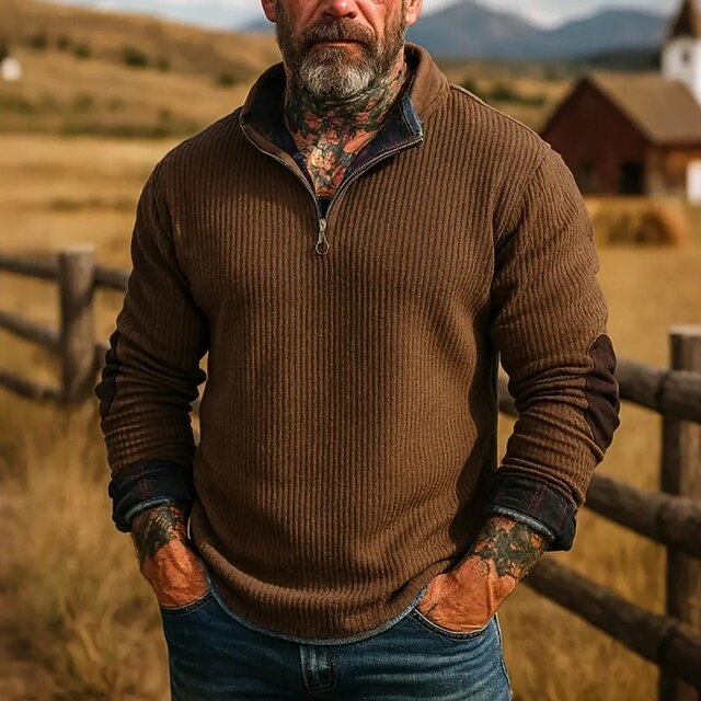 Men's Sweatshirt Corduroy Pullover Hoodie Sweatshirt Pullover Quarter Zip Sweatshirt Brown Standing Collar Plain Patchwork Sports & Outdoor Casual Daily Streetwear Cool Sportswear Spring &  Fall4