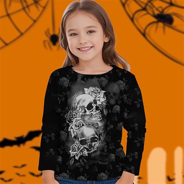  Halloween Fille 3D Crâne T-shirt manche longue Printemps Automne Mode Basique Enfants 4-12 ans Col Rond Extérieur Occasionnel Quotidien Coupe régulière