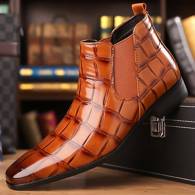  Botines Chelsea marrones con estampado de cocodrilo para hombre: botines de piel sintética con paneles laterales elásticos, botas de vestir de estilo vintage para oficina y noche.