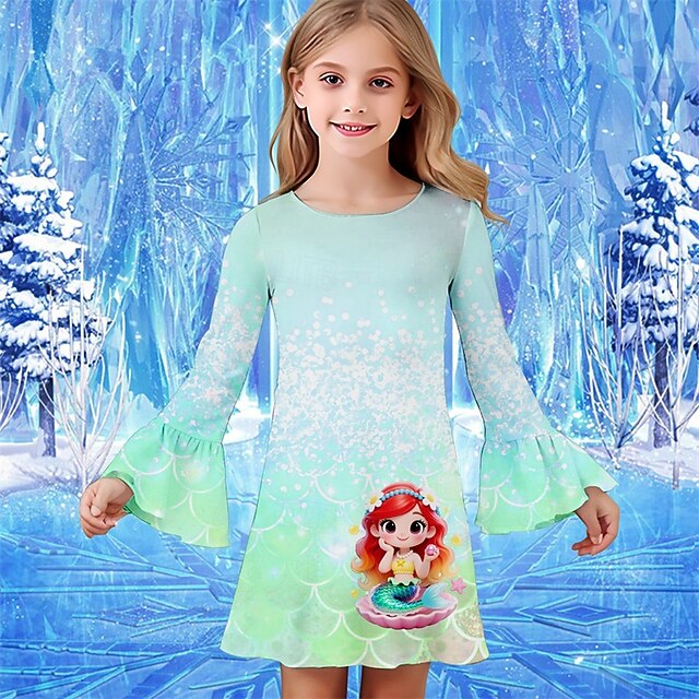 Girls' 3D Mermaid Dress Ruffle Dress Long Sleeve Summer Spring Vacation Daily Holiday Beautiful Sweet Kids 4-12 Years Casual Dress Knee-length Regular Fit4