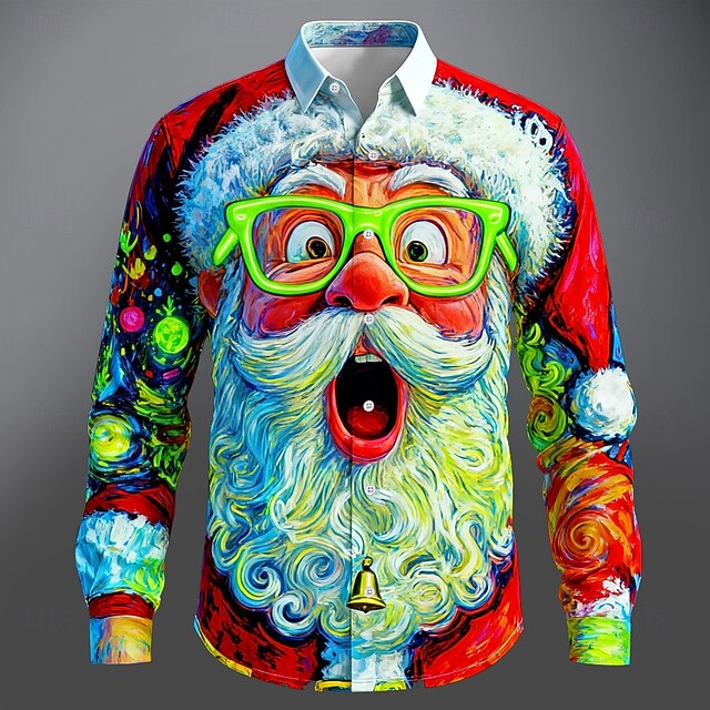 Christmas Men's Santa Claus Smile Face Neon Glow Shirt Button Up Shirt Long Sleeve Funny Outdoor Holiday Spring Fall Turndown 3D Print Collared Shirts Red4