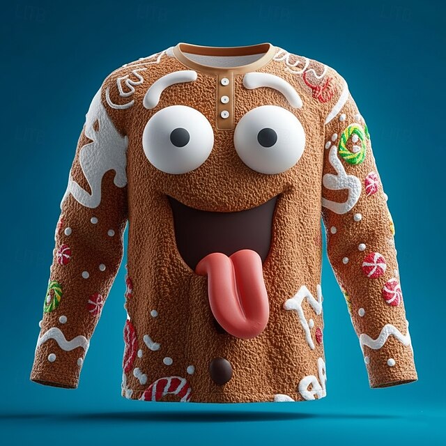 Men's Christmas Gingerbread Man Henley Shirt Long Sleeve Fashion Cute Daily Casual Holiday Going out Winter Spring &  Fall Brown Henley Collar Henley Henley T-Shirt4