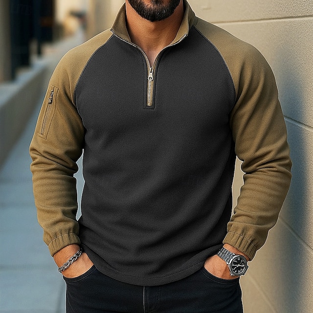  Hombre Sudadera con capucha y cremallera Sudadera con capucha y cremallera de un cuarto Táctico Verde Ejército Azul Marino Cuello Mao Plano Cremallera Bolsillo Bloque de Color Táctico Deporte Diario