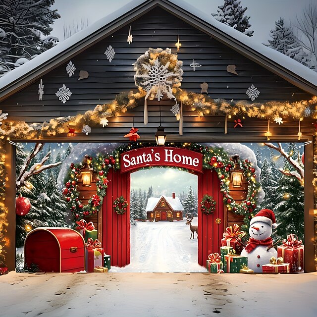 Christmas Outdoor Garage Door Cover Santas Home Gingerbread House Reindeer Snowman Gift Boxes Christmas Wreath Large Tapestry Backdrop Decoration For Holiday Outdoor Garage Door Home Wall Decorations3