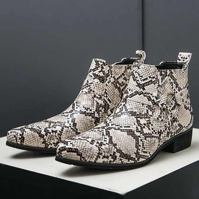  Bottines Chelsea à bout pointu en similicuir imprimé serpent pour homme – Chaussures de soirée, de scène et de soirée