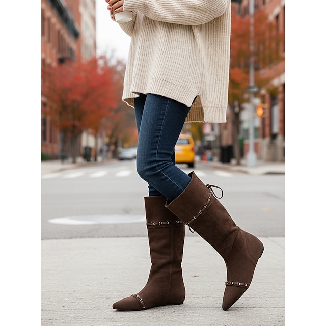  Botas femininas de camurça, cano alto, com cadarço e bico fino, estilo urbano moderno para looks modernos