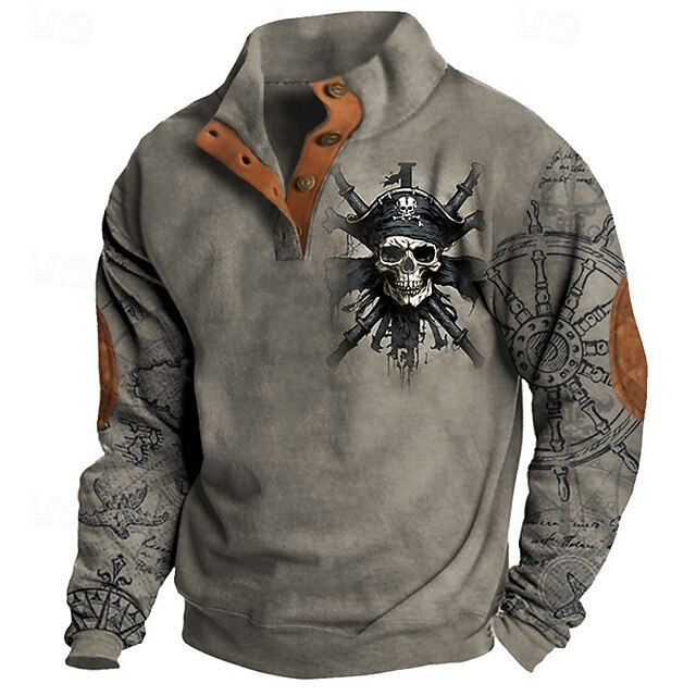 Men's Map Anchor Skulls Sweatshirt Sweatshirts Long Sleeve Sweatshirt Henley Graphic Print Holiday Going out Festival Buckle Print Fall Winter4