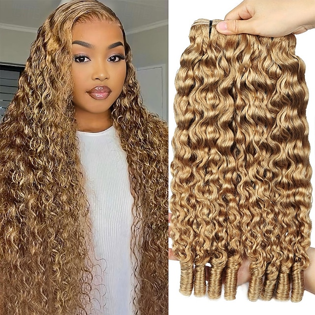  Extensiones de cabello humano rizado birmano, color marrón lino, n.° 27, de 18, 18 y 20 pulgadas, con extremos en espiral.