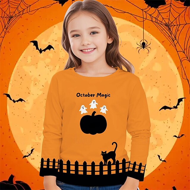 Halloween Girls' 3D Pumpkin Ghost T shirt Tee Long Sleeve Spring Fall Fashion Basic Kids 4-12 Years Crew Neck Outdoor Casual Daily Regular Fit4