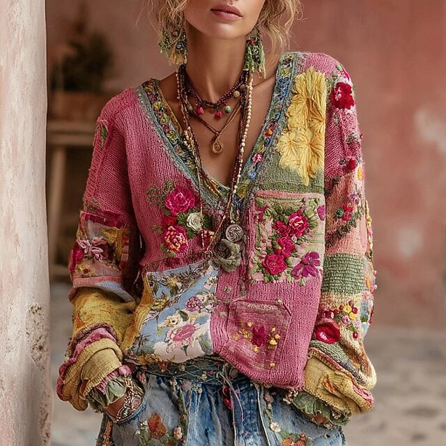 Women's Shirt Blouse Floral Graphic Hawaiian Stylish Basic Long Sleeve V Neck Regular Tops Daily Going out Beach Wear Print Pink Spring Fall4