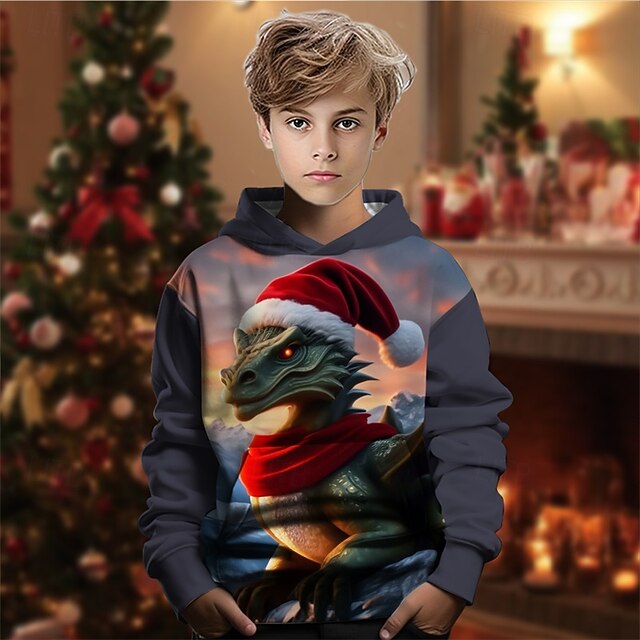 Christmas Boys' 3D Dinosaur Hoodie Long Sleeve Spring Fall Fashion Streetwear Kids 4-12 Years Hooded Outdoor Casual Daily Regular Fit4