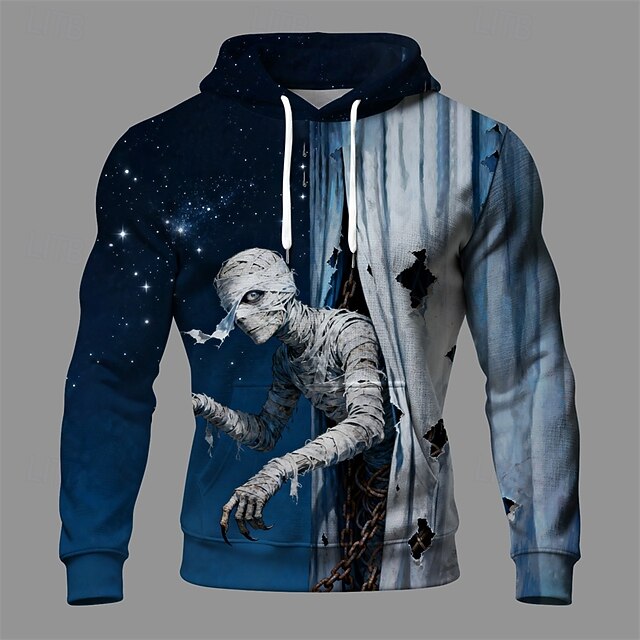 Halloween Men's Graphic Monster Hoodie Fashion Daily Hooded Vacation Party Streetwear Blue Drawstring Pocket Printing Fall Winter Designer4