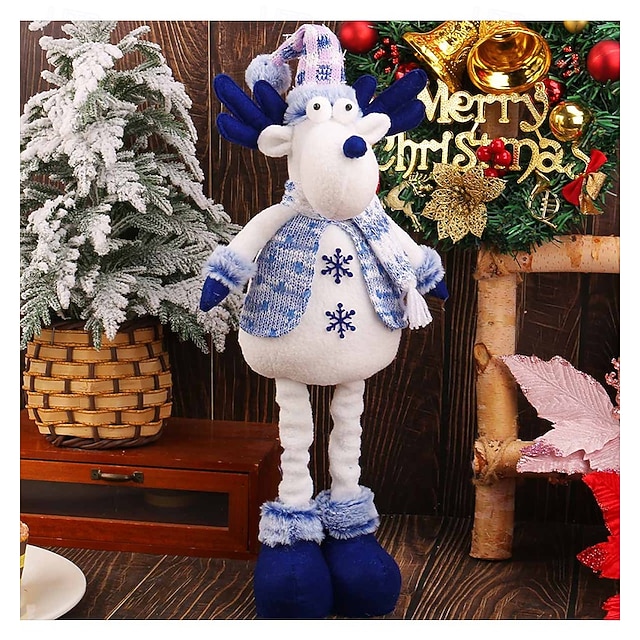  קישוט בובת קטיפה לחג המולד סנטה קלאוס כחול, אייל, קישוטי עץ חג המולד ואיש שלג, בובות קטיפה יצירתיות נמתחות, קישוטי חג תלויים, אביזרי עץ חג המולד חגיגיים